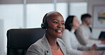 Call center, discussion and black woman with headset in office for customer service, online advice or telemarketing. CRM, contact us and consultant with help for communication, assistance or support