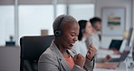 Call center, celebrate and black woman with headset at desk for success, customer subscription or telemarketing. CRM, dancing and happy consultant for goal, sales target or achievement in office