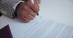 Woman, hands and signature on paperwork in office for professional agreement, license and financial terms. Closeup, author and document for initial on publishing contract and manuscript deadline.