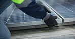 Hands, technician and solar panel on inspection in rooftop in city building for green energy, electricity and sustainability. Person, electrician and engineer with installation for  maintenance