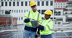 Employees, technician and solar panel with tablet in rooftop with digital plan for green energy or electricity. People, electrician and engineer with installation for  maintenance and installation