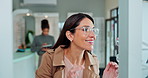 Optometry, glasses and woman for choice, happy and optic retailer with lenses assessment with sight in frames. Eye wellness, choosing and test prescription for decision, care and consultation service