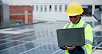 Black woman, laptop and service solar panels on roof, energy saving and online system for maintenance. Female person, power inspection and website to monitor photovoltaic, engineer and check grid