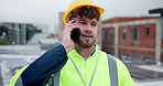 Building, city and phone call with construction worker man outdoor on roof for communication or planning. Architecture, industry and infrastructure with engineer outdoor in urban town for development