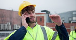 Architecture, city and phone call with construction worker man outdoor on roof for communication or planning. Building, industry and infrastructure with engineer outdoor in urban town for development