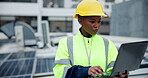 Black woman, laptop and check solar panels on roof, energy saving and online system for maintenance. Female person, power inspection and website to monitor photovoltaic, engineer and planning service