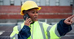 Building, phone call and solar energy with construction worker woman outdoor on roof for planning. Architecture, city and infrastructure with African engineer outdoor in urban town for development