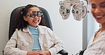 Girl, optometry and chair for happy assessment, healthcare and eyesight appointment to check lenses. Optical specialist and medical service for vision, high five and examination success in clinic