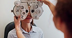 Woman, optometry and chair for optometrist assessment, healthcare and eyesight appointment with phoropter. Optical specialist and medical service or vision, consultation and examination for wellness