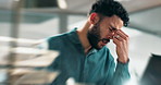 Businessman, headache and stress with laptop in blur from strain, depression or mistake at office. Frustrated, tired male person or employee with migraine or severe pain on computer from pressure