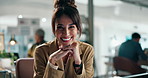 Happy, office and face of business woman with company pride, confidence and smile at desk. Corporate, financial accountant and portrait of person for career, job opportunity and work internship