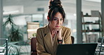 Thinking, laptop and businesswoman in office for corporate report with finance chart investment. Idea, computer and female financial analyst reading trading candlestick online for graph analysis.