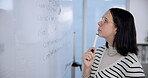 Woman, code and thinking with whiteboard in office for review, system integration and software or algorithm development. Research scientist, board and planning with equation, scripting and analysis.