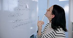 Woman, coding and thinking with whiteboard in office for review, system integration and software or algorithm development. Research scientist, board and planning with equation, scripting and analysis