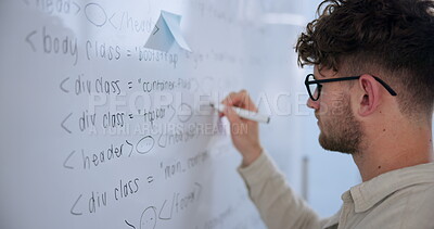 Guy Coding Script Man, coding and writing on whiteboard in office for review, system ...