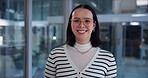 Woman, smile and night in office for portrait, business and career success at glass. IT specialist, proud and happy in company for growth, enterprise development and professional in Australia