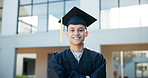 Happy man, graduation and robe with confidence at university for education, learning or milestone at campus. Portrait of male person, graduate or student with smile for future, wisdom or knowledge