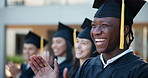 Happy man, applause and graduation with row at ceremony for education, qualification or milestone at campus. Group of people, graduate or class clapping with smile for congratulations or thank you