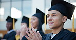 Happy students, applause and graduation with row at ceremony for education, qualification or milestone at campus. Group of excited people, graduate or class clapping with smile for learning journey