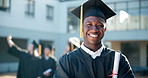 Happy black man, student and graduation with certificate at university for education, learning or qualification at campus. Portrait of young African, male person or graduate with smile for degree