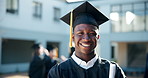 Happy black man, student and graduation with degree at university for education, learning or qualification at campus. Portrait of young African, male person or graduate with smile for certificate