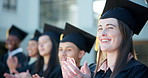 Happy people, graduation and ceremony with applause in congratulations on education, learning or milestone at university. Group of students, graduate or class clapping for year or thank you at campus