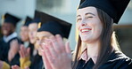 Happy, woman and applause for graduation celebration for education achievement, learning success and milestone. Excited, students and clapping for university graduate, announcement and future career