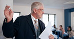 Education, university professor and students in classroom for lecture and learning in science, physics or math. Whiteboard, mature man and college teacher in presentation with discussion or knowledge