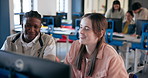 College, students and computer lab at school for university, tech and group project with collaboration. Happy, diversity and digital research in classroom with smile from teamwork, chat and study 