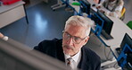 Professor, man and writing on board for teaching, curriculum and learning in top view. Mature lecturer, information or education in college with students on computer for IT, software or coding lesson