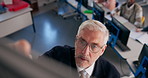 Professor, mature man and writing on board for learning, curriculum and studying in top view. Lecturer, teaching and education in college with students on computer for information technology lesson