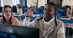 Computer, education and black student talking in classroom for learning, lecture or lesson at university. Explain, college and study with learner or pupil in school class for assessment and report