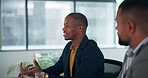 Black man, speaking and office meeting for teamwork review, conference room and discuss ideas. Employees, leader and feedback for collaboration, training sales and manager for business development