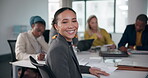 Boardroom, face and woman with smile, group and proud of presentation, strategy and desk with paperwork. Confident, portrait and leader of business of publicist agency, people or colleagues in office