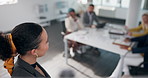Presentation, meeting and woman with audience in office for discussion, planning and project management. Corporate, teamwork and speaker with business people for feedback, training or brainstorming