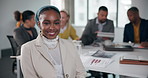 Boardroom, face and woman with smile, proud and group for presentation, strategy or desk with paperwork. Confident, portrait and leader of business of publicist agency, people or colleagues in office