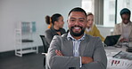 Crossed arms, meeting and face of businessman in office with pride for company equity increase. Smile, corporate and portrait of male financial advisor with team in discussion for revenue strategy.