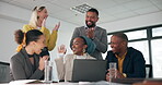 Business people, applause and high five for collaboration, celebration and success together in office. Teamwork, diversity and congratulations for achievement, contract and thank you with client deal