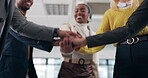 Staff, hands and huddle for office motivation, team building and company training for partnership. Business meeting, employees and solidarity for sales mission, circle and stack for celebration