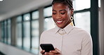 Black woman, phone and smile for reading with business text, communication and networking in office. African lady, mobile and writing corporate email with feedback, virtual discussion and chat app