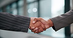 Business people, closeup or handshake in merger agreement for greeting, meeting or office partnership. Collaboration, trust and applicant with boss for B2B support, introduction and recruitment deal