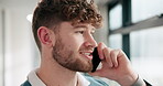 Finance, office and businessman with phone call in discussion for company, planning and feedback. Stock broker, person and conversation with tech for investment, negotiation and client trading advice