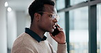 Black man, phone call and frustrated in office for business, crisis and unfair dismissal. Disappointed, male intern and mobile at window for conversation, stress and anxiety or argument in city
