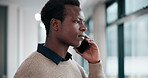 Black man, phone call and frustrated in office for conflict, crisis and unfair dismissal. Disappointed, male intern and mobile at window for conversation, stress and anxiety with argument in city