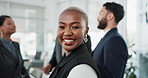 Business, face smile and black woman in meeting for planning, team project and collaboration in office. Happy portrait, African lady and staff discussion for budget, finance report and audit strategy