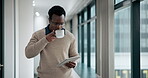 Tablet, coffee break and businessman in office walking, thinking and research idea for project. Online, professional and male manager with digital technology in the workplace, hallway and search