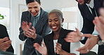 Business people, laptop and applause for celebration, achievement and corporate deal or contract in office. Staff, collaboration and goals for partnership and negotiation success with company client