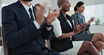 Business people, applause and celebration in office for presentation, goals and success with diversity. Corporate team, clapping and praise for achievement, conference and company award in workplace