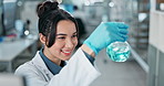 Scientist, woman and liquid in beaker in laboratory with inspection for chemistry experiment and medical research. Science analysis, expert or chemical solution for pharmaceutical study or virus cure