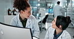 Science, meeting and women on computer in lab for medical study, online research or teamwork. Healthcare, biotechnology and scientists for collaboration for vaccine development, experiment and report